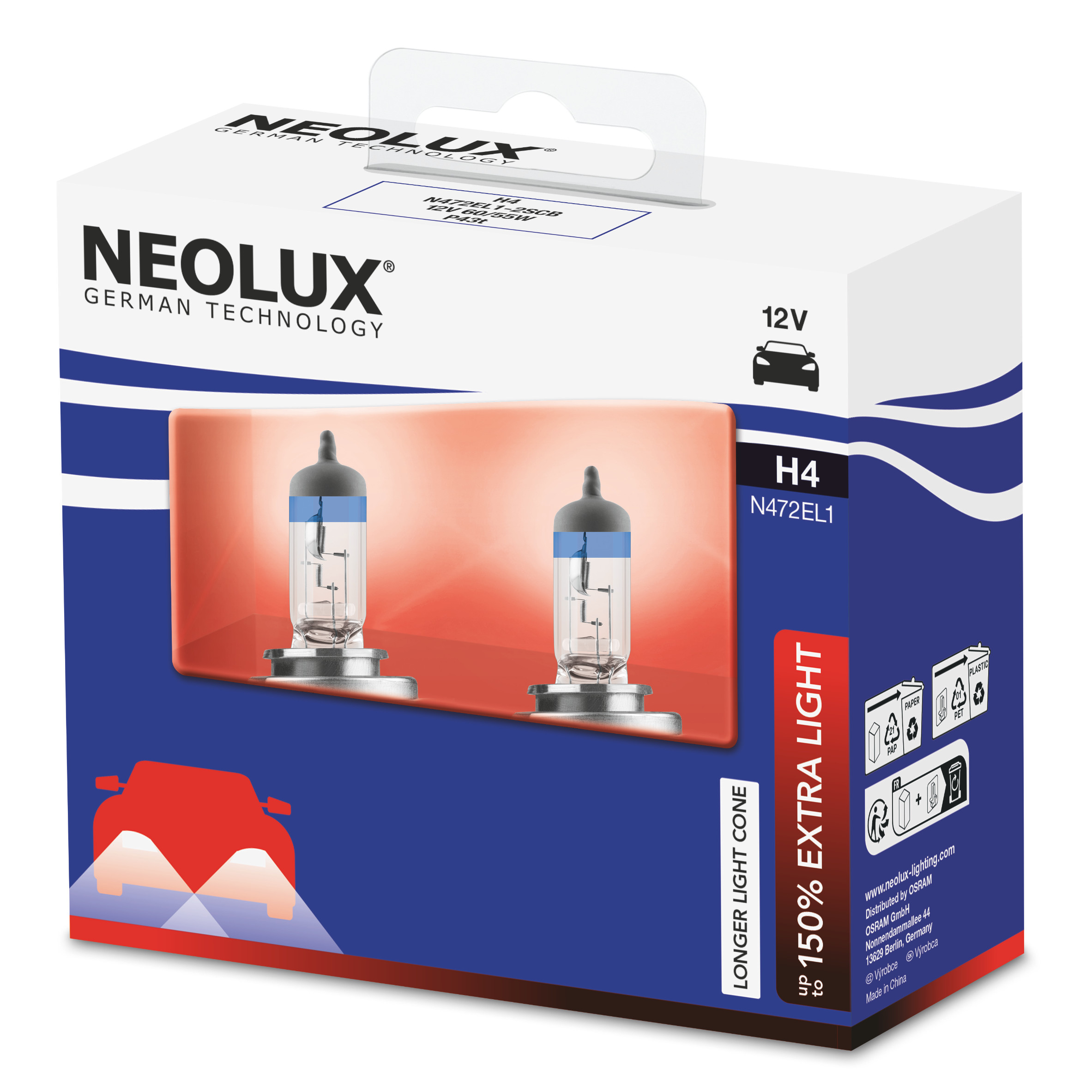 H4 12V 60/55W P43t Extra Light +150% 2 St. NEOLUX