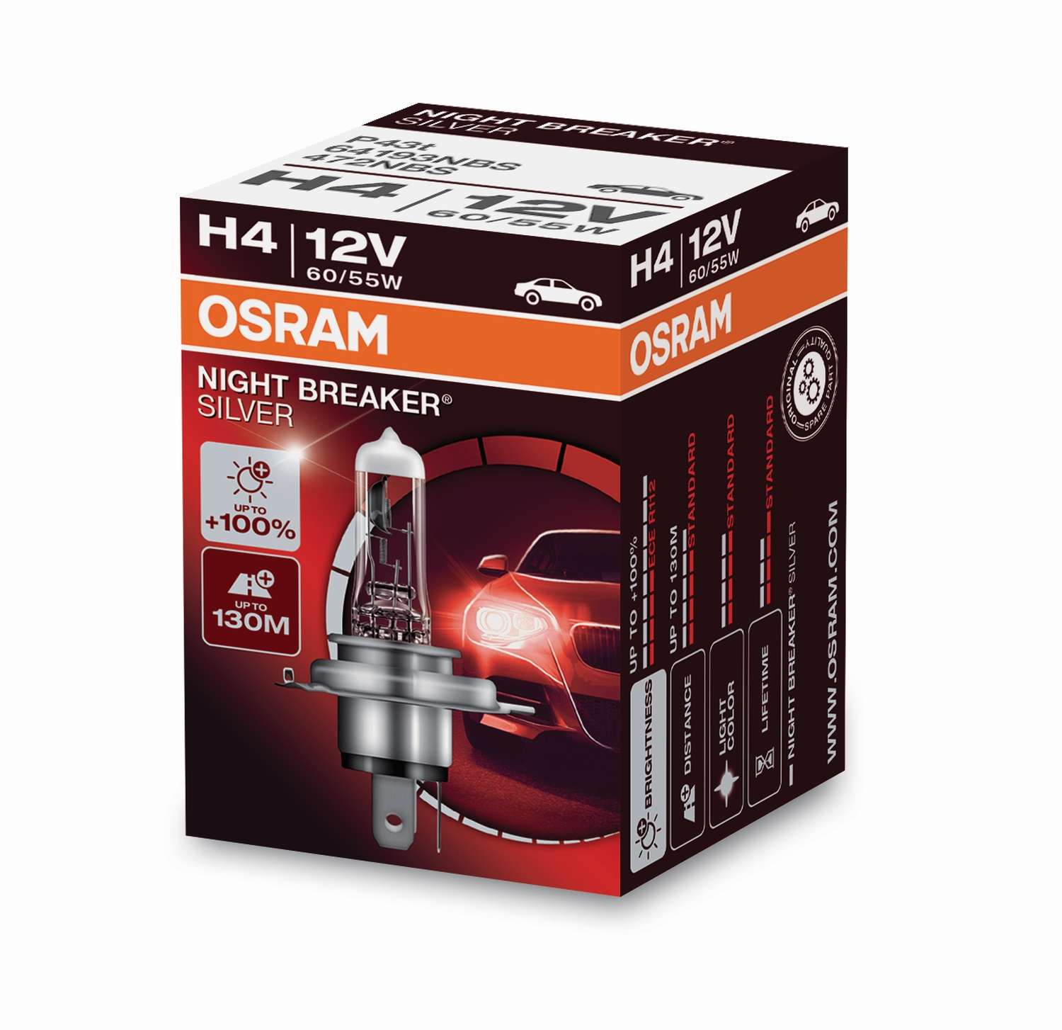 H4 12V 60/55W P43T NIGHT BREAKER® SILVER +100% 1 St. OSRAM