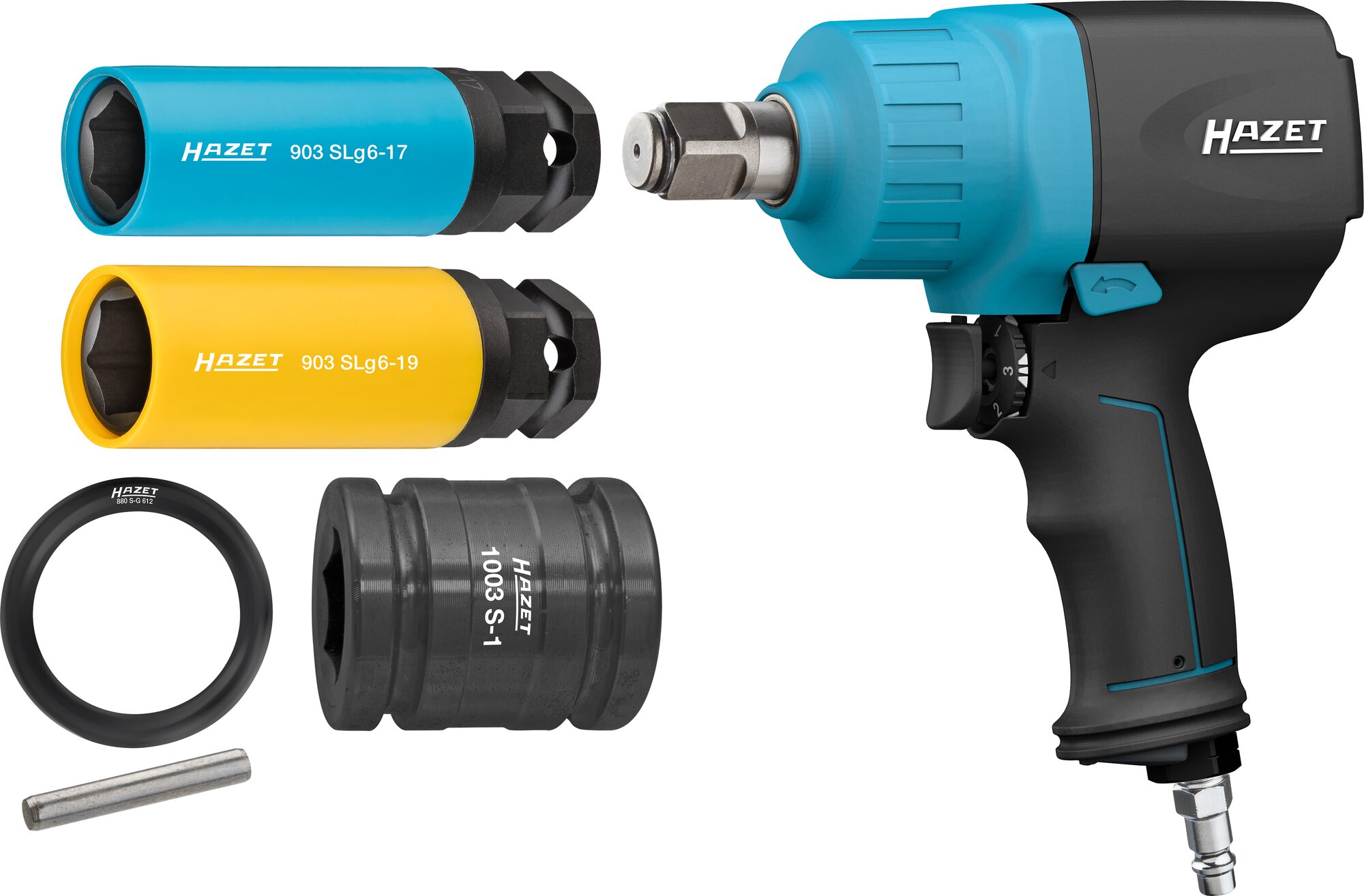 HAZET Schlagschrauber ∙ mit Sortiment 9013M/6 ∙ Lösemoment maximal [Nm]: 1890 Nm ∙ 3/4 Zoll (20 mm) Vierkant ∙ 6-teilig ∙ 17 ∙ 19 ∙ Hochleistungs-Doppelhammer-Schlagwerk