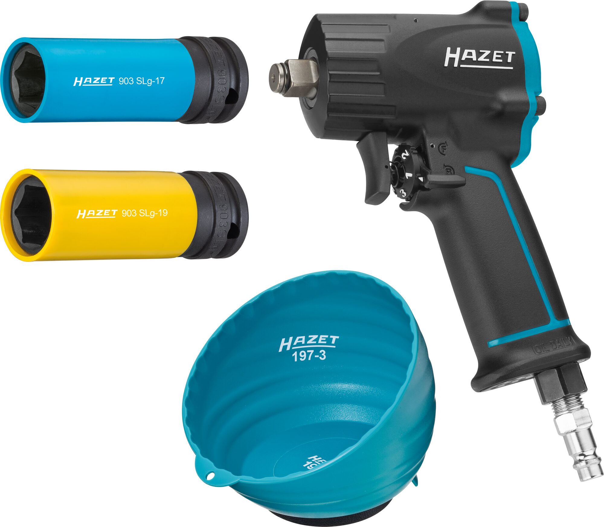 HAZET Schlagschrauber Satz 9012M/4 ∙ Lösemoment maximal [Nm]: 1100 Nm ∙ 1/2 Zoll (12,5 mm) Vierkant ∙ 4-teilig ∙ 17 ∙ 19 ∙ Jumbo Hammer-Schlagwerk